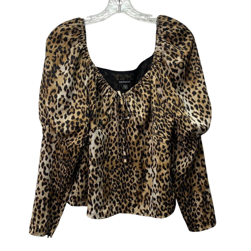 Express Womens Large Cheetah Leopard Puff Sleeve Tie Front Silky 80s 90s Blouse